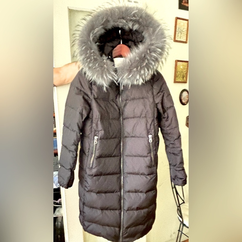 BLACK LONG PARKA PUFFER DOWN COAT WITH REAL FUR ON HOOD